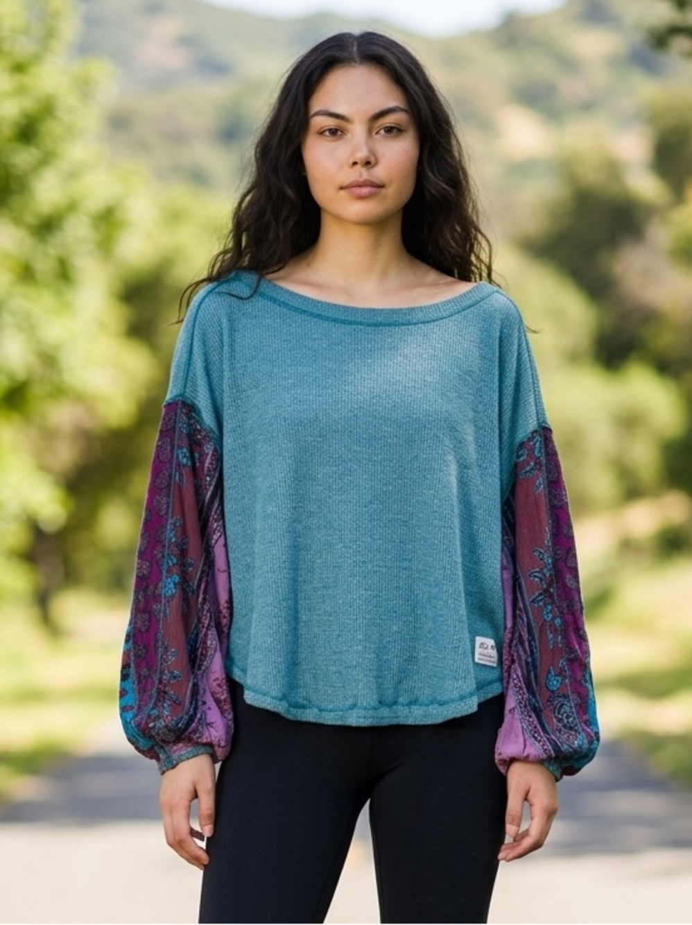 WE THE FREE oversized Womens Green/Patchwork sleeved Waffle Knit Top Sz S